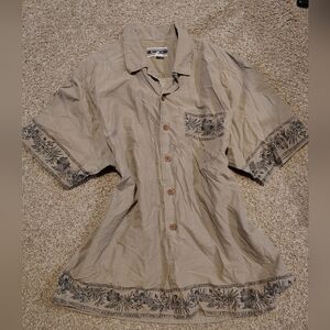 VINTAGE OP Men's Short-Sleeve Button Shirt - Beige with Black Print Size Large